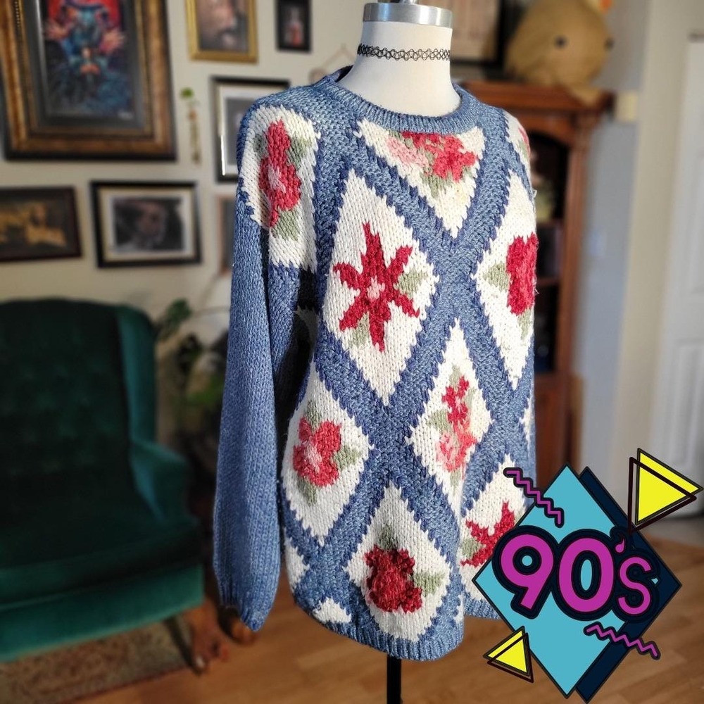 Nuggets Knit Sweater Vintage 90s Blue Floral Diamond Womens's Grannycore M